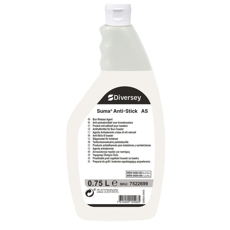 En 750 ml flaska Suma Anti-Stick AS non-stickmedel för brödrostar från Diversey Deutschland GmbH & Co. OHG, med vit etikett, ergonomiskt grepp och flerspråkig instruktion - perfekt för professionell rengöring av köksbrödrostar.