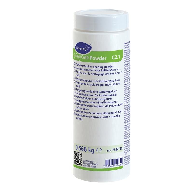 En vit cylindrisk behållare med texten "Suma Café Powder C2.1, rengöringspulver för kaffemaskiner" (566 g) från Diversey Deutschland GmbH & Co. OHG med tydligt synlig flerspråkig produktinformation på etiketten.
