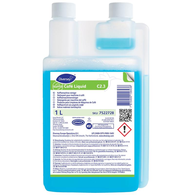 Diversey Suma Café Liquid C2.3, kaffemaskinsrengöring | Flaska (1 l), rengör kaffefett effektiv i kaffemaskiner. Med doseringskapsyl, varningsinformation och streckkod på etiketten. Från Diversey Deutschland GmbH & Co. OHG.