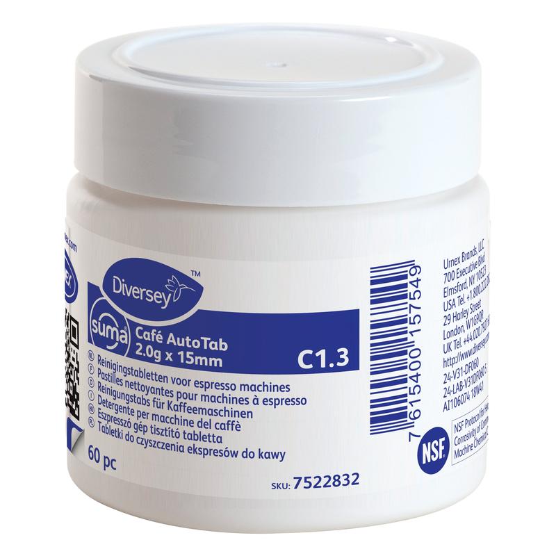 En vit plastburk "Suma Café AutoTab rengöringstabletter för espressomaskiner 60 st." från Diversey Deutschland GmbH & Co. OHG, tar bort kaffeoljor och förlänger maskinens livslängd; etiketten har flerspråkig information och en streckkod.