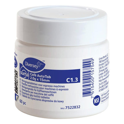 En vit plastburk "Suma Café AutoTab rengöringstabletter för espressomaskiner 60 st." från Diversey Deutschland GmbH & Co. OHG, tar bort kaffeoljor och förlänger maskinens livslängd; etiketten har flerspråkig information och en streckkod.