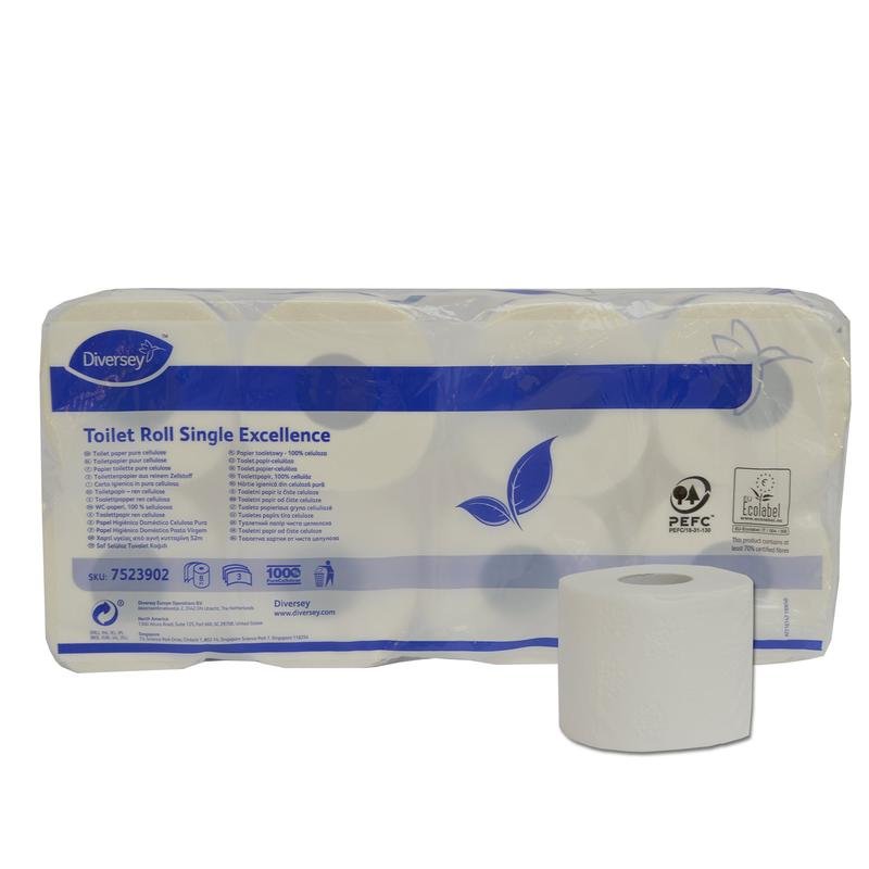 Ett paket med 8 Diversey toalettpappersrullar Single Excellence (3-lagers, ren cellulosa, högvit, 250 ark/rulle) från Diversey Deutschland GmbH & Co. OHG, med en rulle på framsidan; på förpackningen finns produktinformation och logotypen för miljöcertifieringen avbildad.
