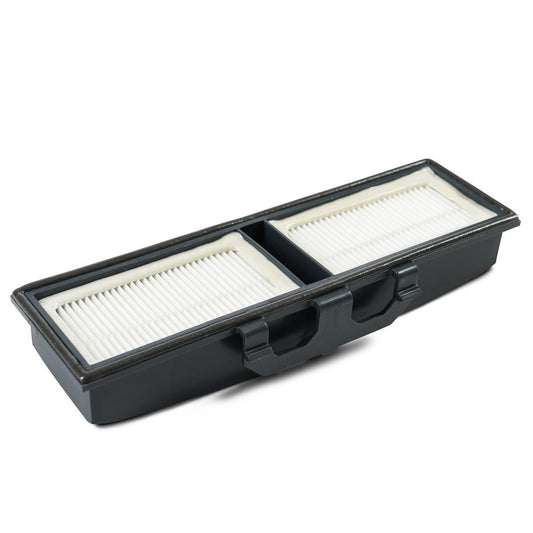 Der TASKI AERO 8/15 HEPA-Mikrofilter H13 von Diversey Deutschland GmbH & Co. OHG ist eine rechteckige Patrone mit zwei weißen Faltenfiltern in einem schwarzen Rahmen mit Frontgriffen, Klasse H13, für TASKI Aero Staubsauger - ideal für Allergiker.