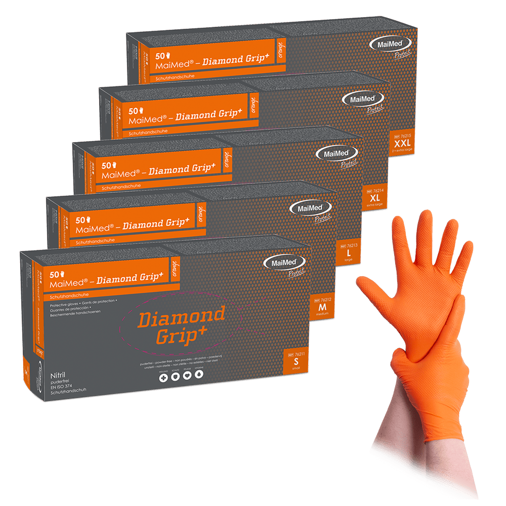 MaiMed-Diamond Grip+ orange, icke-steril, pf latexfri nitrilhandske