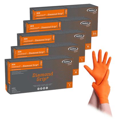 MaiMed-Diamond Grip+ orange, icke-steril, pf latexfri nitrilhandske