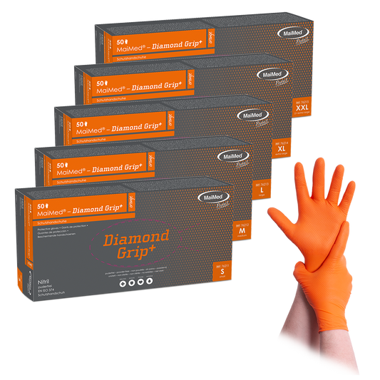 MaiMed-Diamond Grip+ orange, icke-steril, pf latexfri nitrilhandske