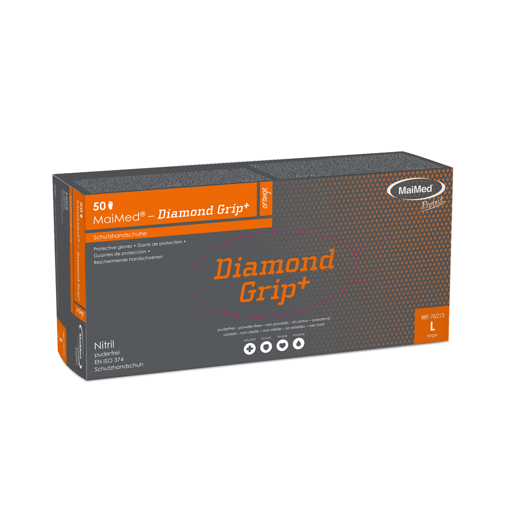 MaiMed-Diamond Grip+ orange, icke-steril, pf latexfri nitrilhandske