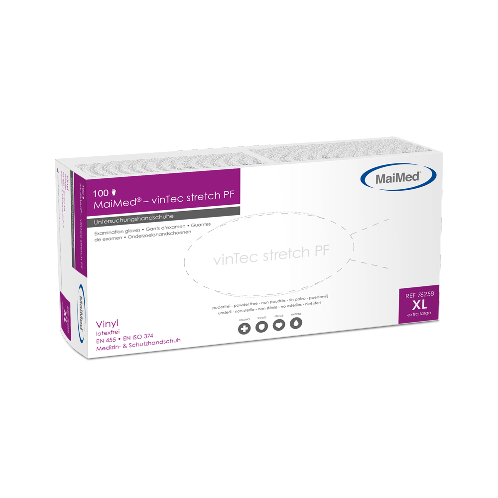 MaiMed-vinTec Stretch PF, icke-sterila, pulvervinylundersökningshandskar 100 st/kartong
