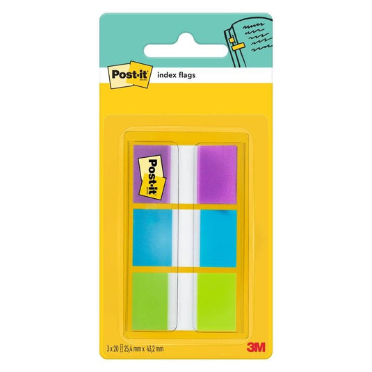 En förpackning med 3M Post-it® Index självhäftande lappar, standard (25,4 mm x 43,2 mm), 60 lappar i olika färger i en dispenser. Perfekt för att ordna dokument; med Post-it®- och 3M Deutschland GmbH-logotyper på förpackningen.