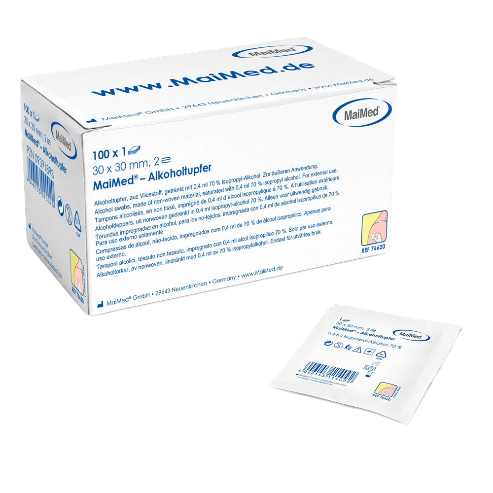 Meditrade alkoholpinne 30 x 30 mm vitt icke -vävt tyg Två -skikt | Box (100 stycken)