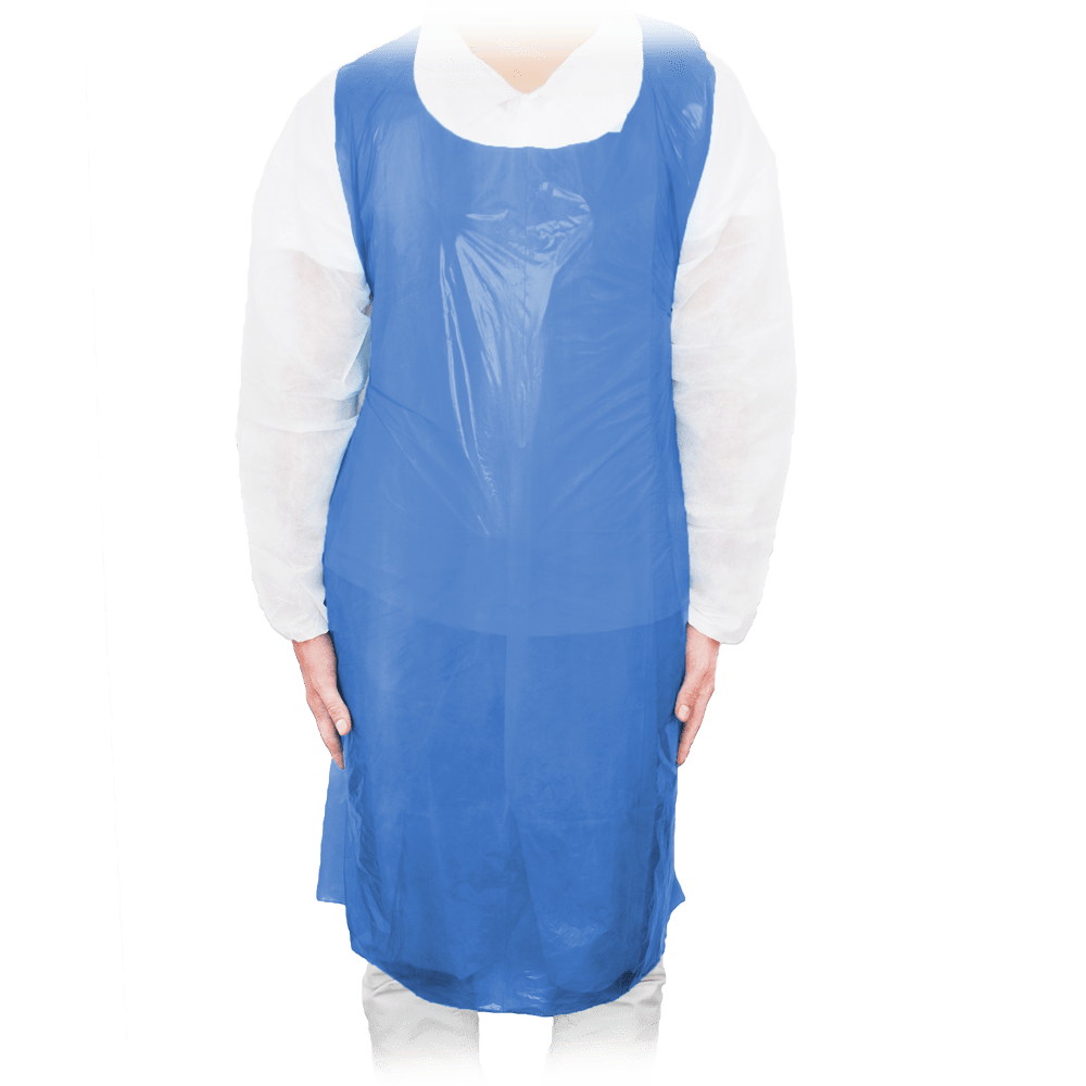 MaiMed-Apron Light PE, förkläde av PE 75x120cm blå, 100 st/förpackning, blockerad, slät yta | Förpackning (100 stycken)