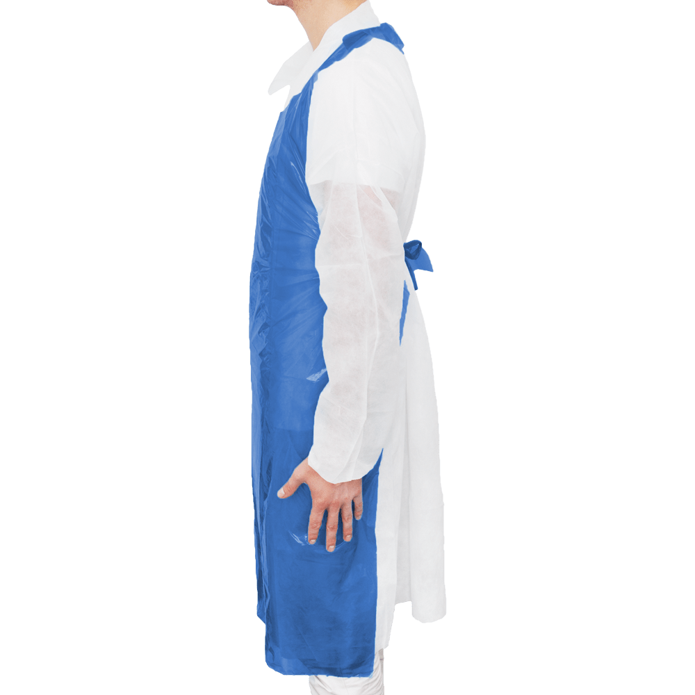MaiMed-Apron Light PE, förkläde av PE 75x120cm blå, 100 st/förpackning, blockerad, slät yta | Förpackning (100 stycken)