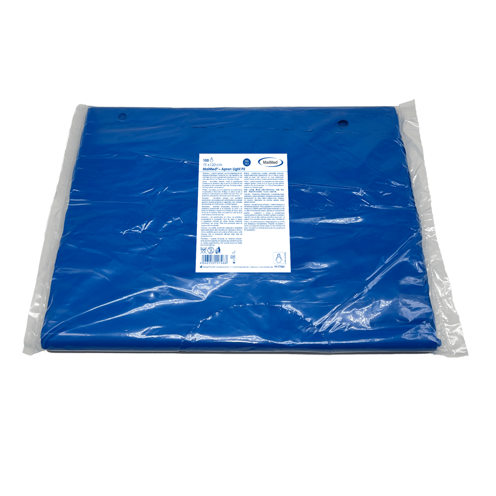 MaiMed-Apron Light PE, förkläde av PE 75x120cm blå, 100 st/förpackning, blockerad, slät yta | Förpackning (100 stycken)