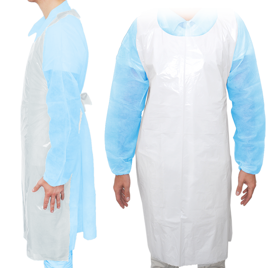 MaiMed-Apron Light PE, förkläde av PE 75x120cm vit, 100 st/förpackning, blockerad, slät yta | Förpackning (100 stycken)