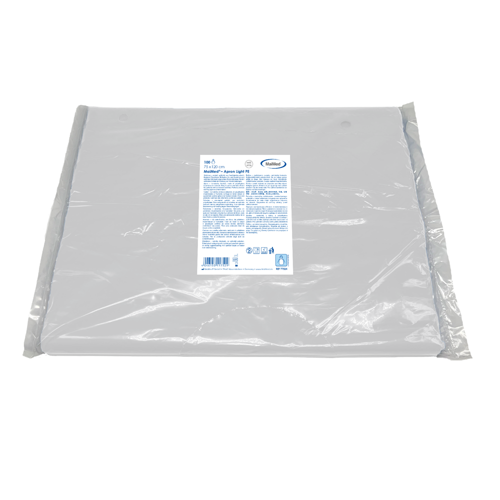 MaiMed-Apron Light PE, förkläde av PE 75x120cm vit, 100 st/förpackning, blockerad, slät yta | Förpackning (100 stycken)