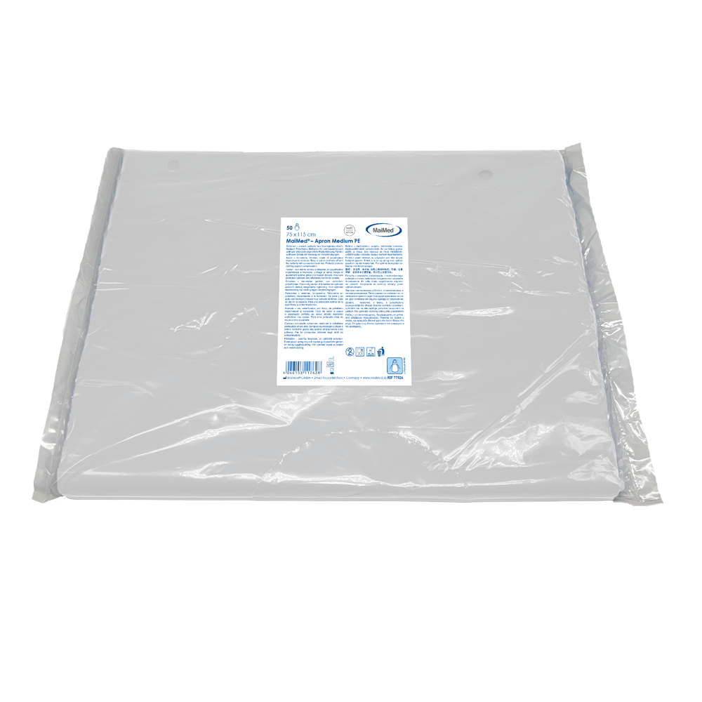 MaiMed-Förkläde Medium PE, förkläde av PE 75x115cm vit, 50 st/pack, blockerad, slät yta | Förpackning (50 stycken)