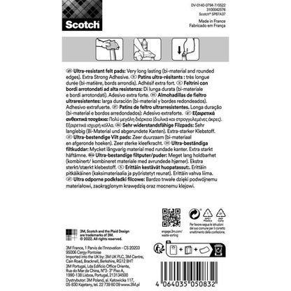 Baksidan av en förpackning med Scotch® Extremt hållbara filtkuddar SP87A37 (3M Deutschland GmbH) med flerspråkig beskrivning, bruks- och återvinningsinformation, ytskyddsillustrationer för stolsben, streckkod och tillverkarens kontaktuppgifter. 12 grå/vita kuddar, 24 x 22 mm.