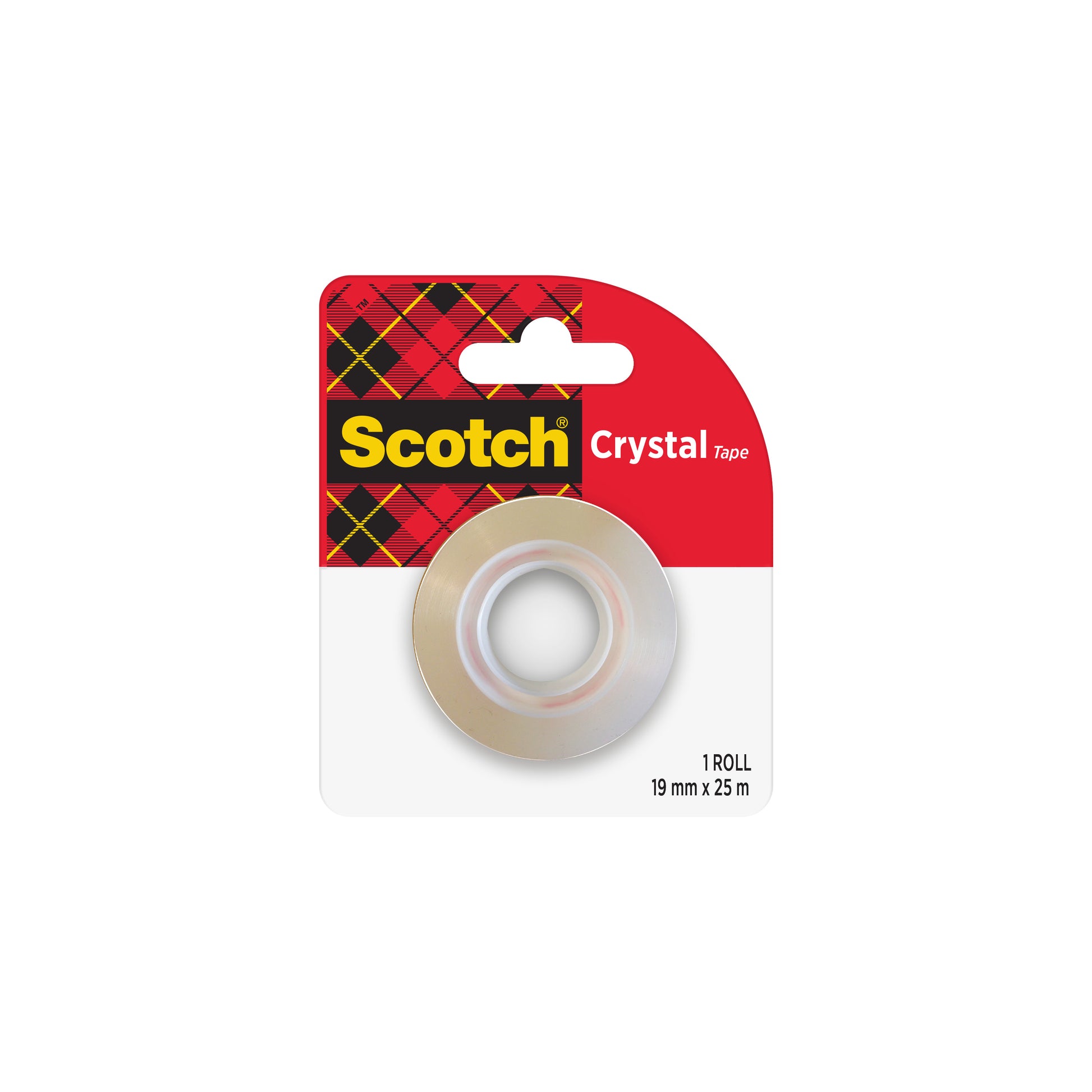 Eine Packung Scotch® Crystal Klebeband von 3M Deutschland GmbH, Nachfüllpackung, 19 mm x 25 m, 1 Rolle (1 Stück), in einer Verpackung mit rotem und gelbem Tartan-Design und Produktangaben.