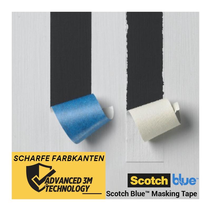 Remsor av blå och vit maskeringstejp dras av en målad yta, vilket avslöjar rena målarlinjer. Bilden visar logotyper och text för ScotchBlue™ målartejp för skarpa linjer från 3M Deutschland GmbH.