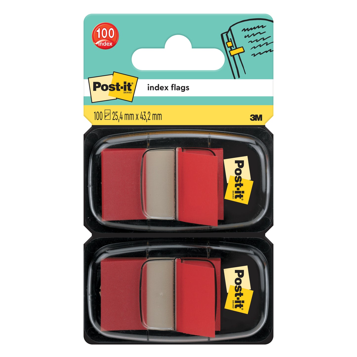 En förpackning med Post-it® Indexflikar från 3M Deutschland GmbH innehåller 50 standardflikar per dispenser med måtten 25,4 mm x 43,2 mm.