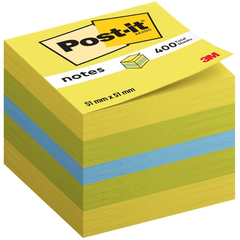 Post-it® Notes Mini-kuber från 3M Deutschland GmbH erbjuder 400 gula och blå blad (51 x 51 mm, 100% PEFC) per block. Förpackningen är försedd med Post-it®- och 3M-logotypen.