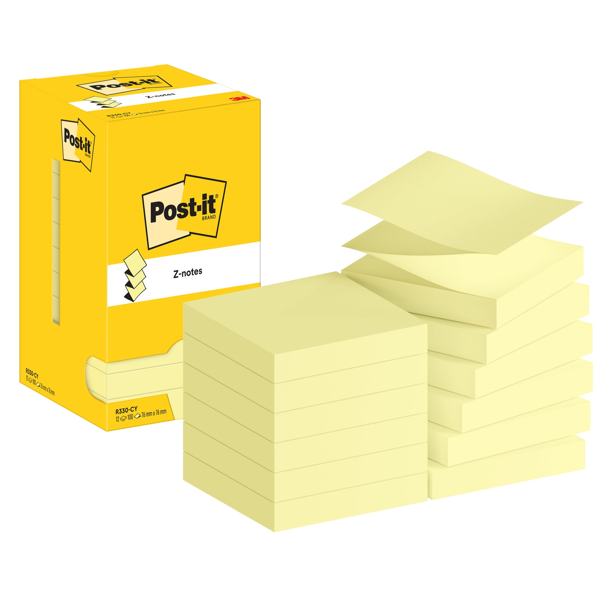 Eine gelbe Schachtel mit 3M Post-it® Super Sticky Z-Notes (76x76mm, 100 Blatt/Block, 12 Blöcke/Packung, PEFC-zertifiziert) steht neben einem ordentlichen Stapel gelber Zettel; auf der Verpackung sind Logo und Produktdetails abgebildet.