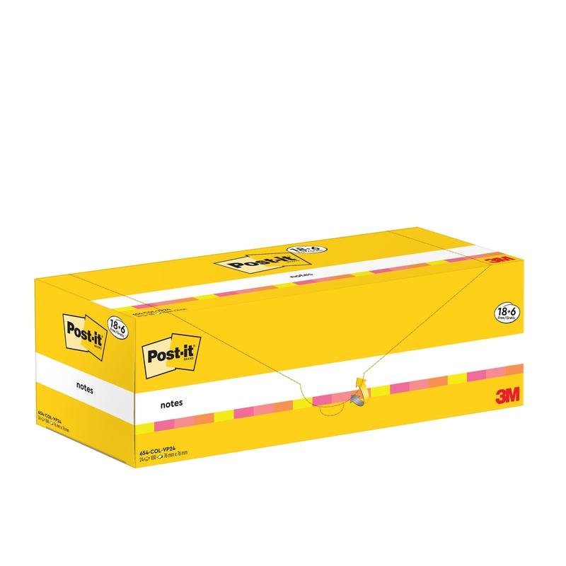 En gul, rektangulär låda med Post-it® Notes (76 mm x 76 mm, 100 blad/block, 100% PEFC) från 3M Deutschland GmbH är tryckt med Post-it-logotypen och produktinformationen på förpackningen.