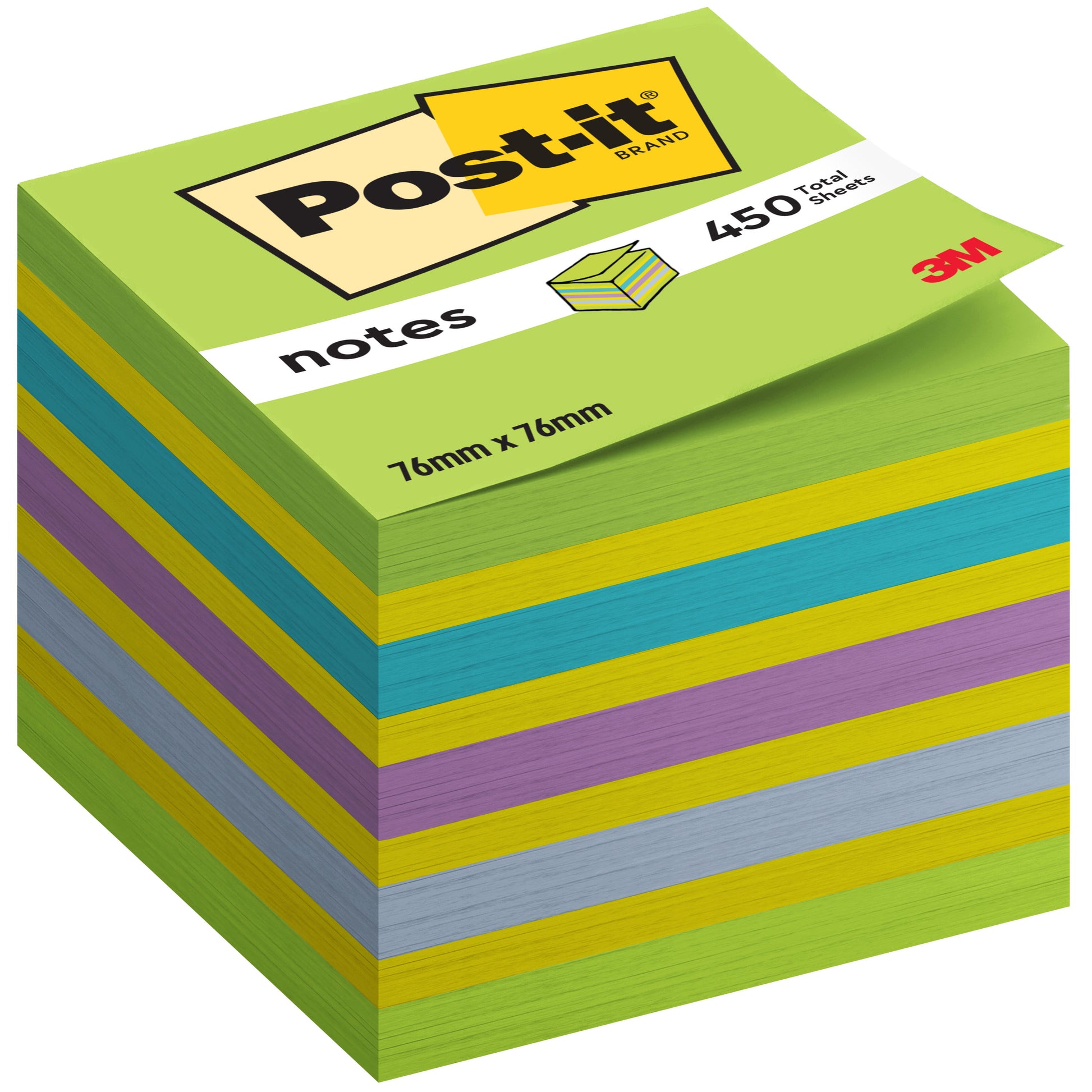 Ein Stapel Post-it® Notes Würfel, 76 mm x 76 mm, 450 Blatt/Block, 100% PEFC von 3M Deutschland GmbH in den Farben grün, blau, lila und gelb mit einem Etikett mit den Produktdetails und dem Markenlogo.