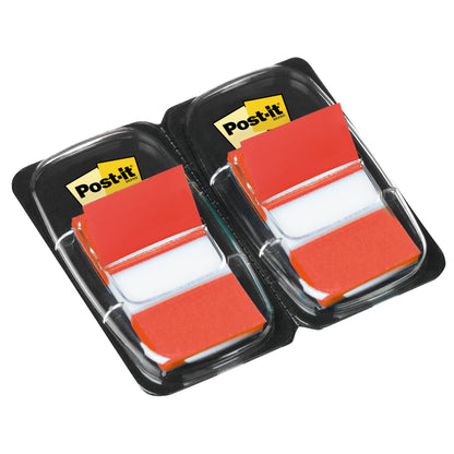 En förpackning med Post-it® Indexflikar från 3M Deutschland GmbH innehåller två dispenser med 50 röda standardflikar vardera (25,4 mm x 43,2 mm).