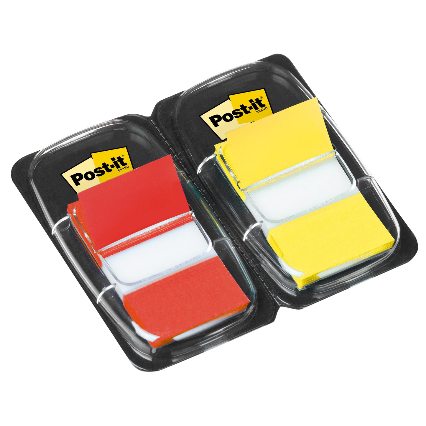 Avbildat är två förpackningar med 3M Post-it® Indexflikar (25,4 mm x 43,2 mm, 50 per dispenser) - en med röda och en med gula flikar, var och en i en svart plastdispenser med genomskinligt lock och gul Post-it-logotyp.