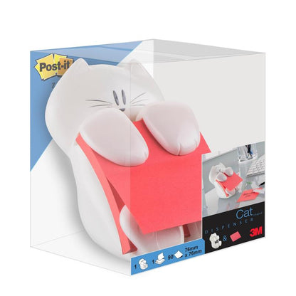 Post-it® Z-Notes-dispensern Katt i vitt rymmer rosa Super Sticky Z-Notes (76x76 mm, 90 blad) från 3M Deutschland GmbH, som presenteras i en överskådlig förpackning med Post-it och produktbilder.