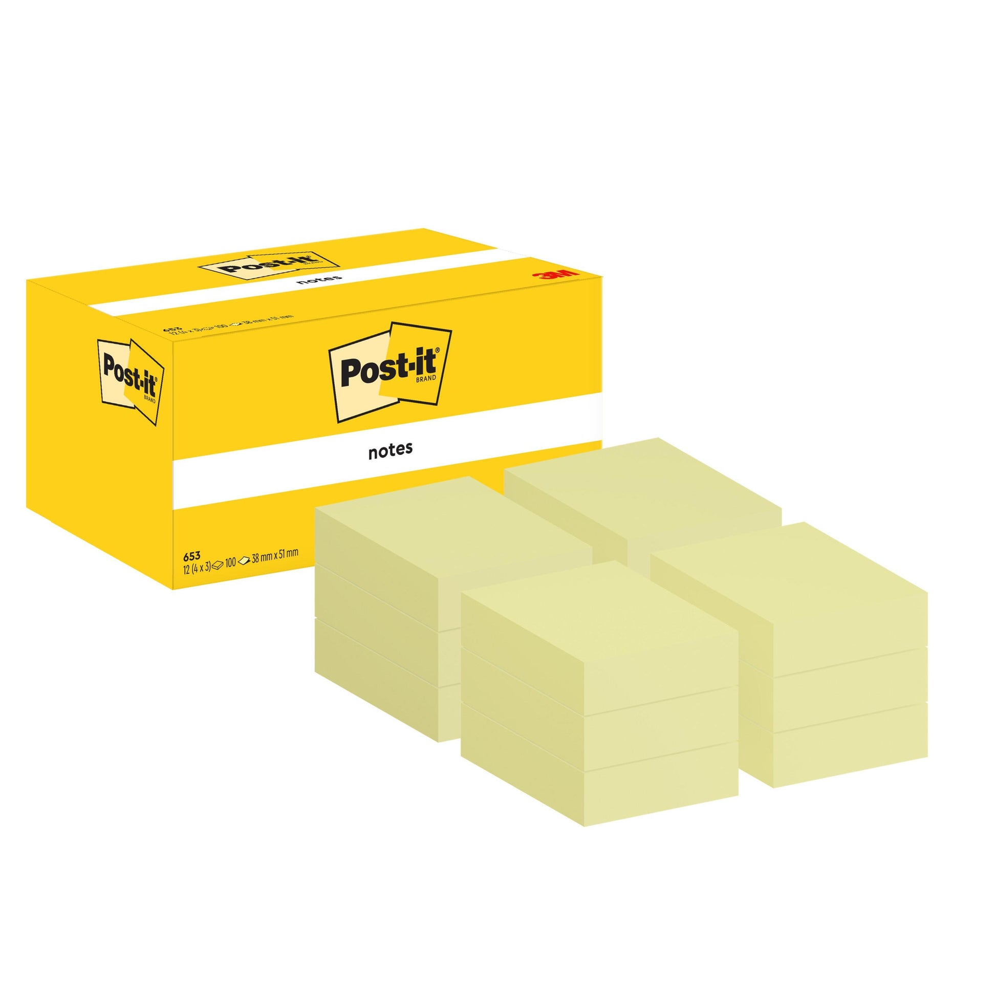 Eine gelbe Schachtel mit der Aufschrift "Post-it® Notes" der 3M Deutschland GmbH ist abgebildet. Davor befinden sich drei Stapel hellgelber Notizzettel, jeweils 38 mm x 51 mm, mit 100 Blatt pro Block. Die Schachtel ist kartonverpackt und PEFC-zertifiziert.