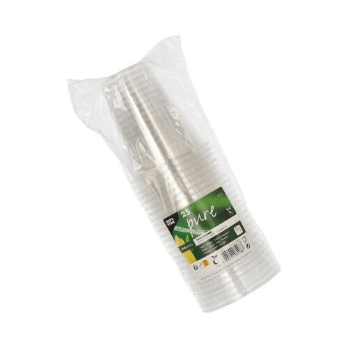 En förseglad plastförpackning innehåller 25 PAPSTAR "pure" klara PLA-kall dryckesbägare med skumkant, stående upprätt med en grön-vit etikett med produktdetaljer från PAPSTAR GmbH på enkel vit bakgrund.