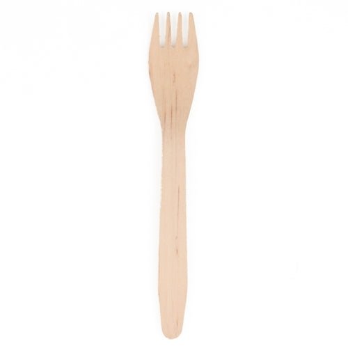 Ett enda PAPSTAR Trägaffel ”pure” (16,5 cm, miljövänlig och stabil) från PAPSTAR En GmbH med fyra tänder syns mot en vit bakgrund.