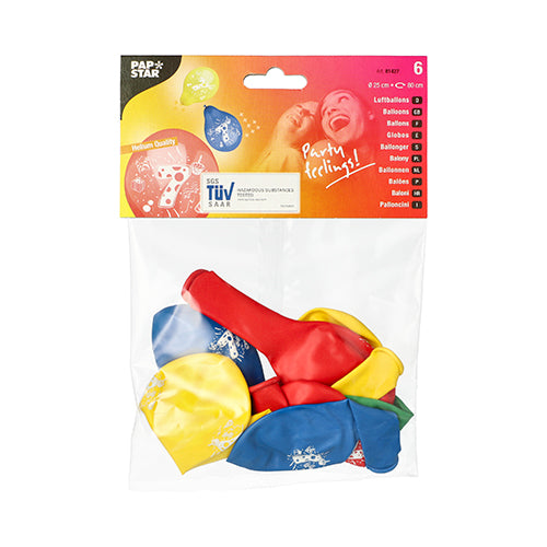 Ein transparenter Beutel der PAPSTAR GmbH enthält sechs farbig sortierte Zahlenluftballons (Ø 25 cm) mit aufgedruckten Motiven. Die Verpackung zeigt Produktdetails und ein Bild von zwei lächelnden Menschen mit Luftballons im Hintergrund.
