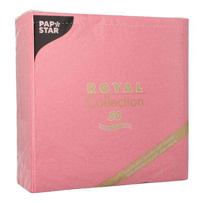 Ett 50-pack PAPSTAR GmbH "ROYAL Collection" servetter (1/4-vikning, 40x40 cm) i rosa, med ljusrosa förpackning och gyllene, vita och svarta accenter som framhäver varumärket.