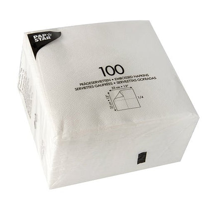 En förseglad, transparent förpackning innehåller 1200 vita PAPSTAR servetter 1-lager (33x33 cm), idealisk för fester, från PAPSTAR GmbH. Produktinformation och dimensioner är tryckta på förpackningen.