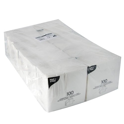 En genomskinlig plastförpackning från PAPSTAR GmbH innehåller 1200 vita, 1-lagerservetter (33x33 cm), idealisk för evenemang. På förpackningen är "PAPSTAR" tryckt. FSC-certifierad för miljömedveten komfort.