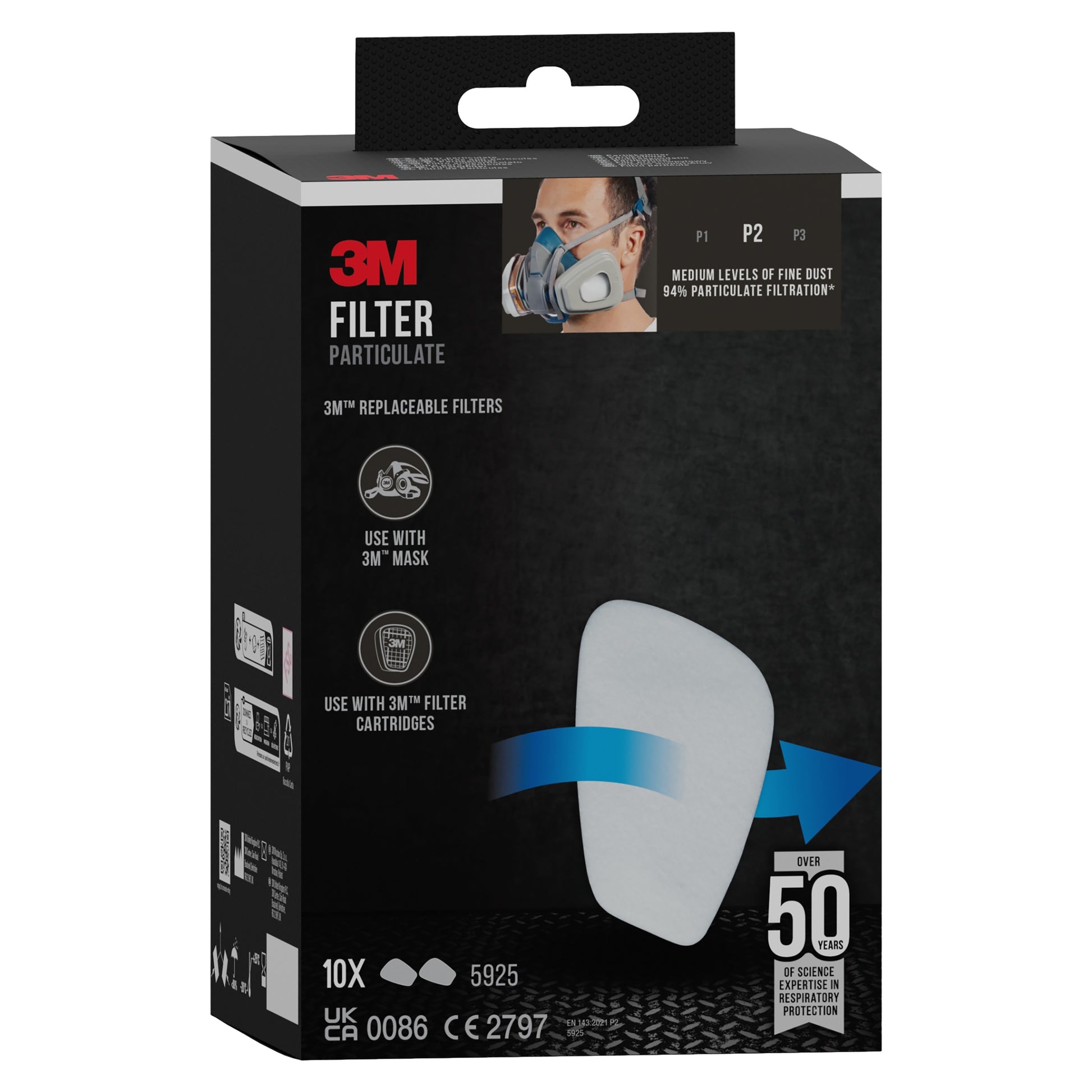 Eine Schachtel 3M™ Partikelfilter 5925, P2 (10 Paar/Packung) von 3M Deutschland GmbH, in schwarzer Verpackung mit einer Person mit Maske, Produktbildern und Text zu Filterkompatibilität und Schutzfunktionen.