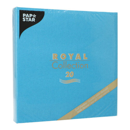 En blå kvadratisk förpackning från PAPSTAR GmbH med texten "20 servetter ROYAL Collection 1/4-vikning 40x40 cm" innehåller 20 servetter, idealiska för bordsdekoration, inplastade i klar plast.