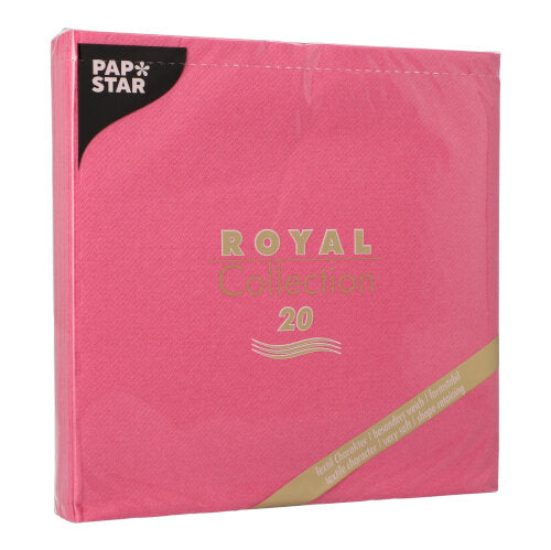 En förpackning PAPSTAR 20 servetter "ROYAL Collection" 1/4-fals (40x40 cm) från PAPSTAR GmbH i rosa med guld- och vit text - idealisk för chic bordsdekorationer.