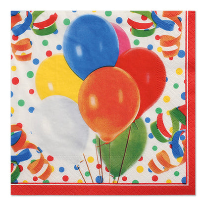 Verschönern Sie Ihre Party mit den 100 PAPSTAR-Servietten im 3-lagigen 1/4-Falz (33 x 33 cm) der PAPSTAR GmbH mit einem fröhlichen Design aus Luftballons, Konfetti, Luftschlangen, rotem Rand und bunten Punkten auf weißem Hintergrund.