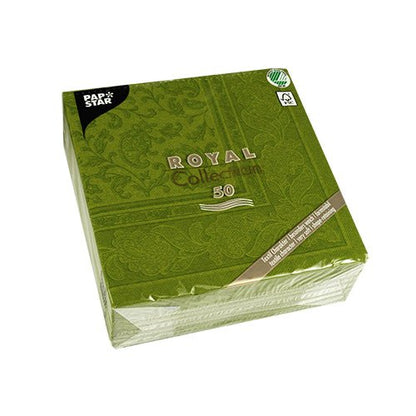 En grön förpackning PAPSTAR GmbH 50 servetter "ROYAL Collection" 1/4-vik, 40 x 40 cm, med diskret blommönster och eko-etiketter - idealisk för festliga tillfällen.