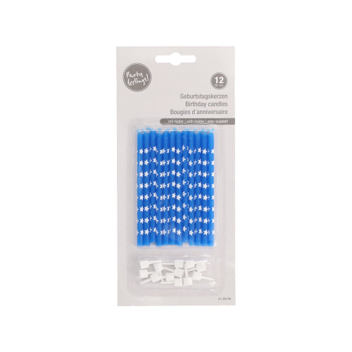 En blisterförpackning med 12 PAPSTAR GmbH födelsedagsljus, 10 cm, färgglada med hållare. Idealisk för varje födelsedagsfest, praktiskt förpackad.