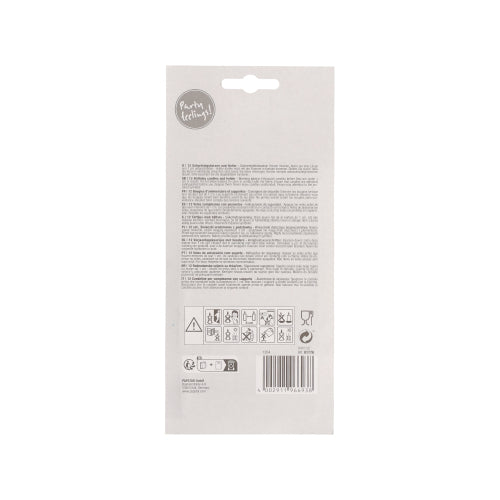 Baksidan av ett paket PAPSTAR GmbH födelsedagsljus 10 cm, färgglada med hållare (12 stycken) visar flerspråkiga vårdinstruktioner, varningssymboler, piktogram, en streckkod och en "Party Edition!"-etikett - idealisk för varje födelsedagsfest.