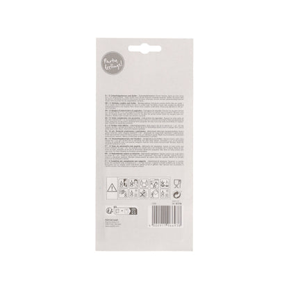 Baksidan av ett paket PAPSTAR GmbH födelsedagsljus 10 cm, färgglada med hållare (12 stycken) visar flerspråkiga vårdinstruktioner, varningssymboler, piktogram, en streckkod och en "Party Edition!"-etikett - idealisk för varje födelsedagsfest.
