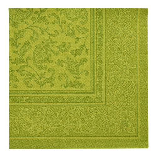 Grön fyrkantig servett från PAPSTAR 20 servetter "ROYAL Collection" (40 x 40 cm, 1/4-vikt) från PAPSTAR GmbH med elegant paisley- och bladmönsterkant - idealisk för stilfull bordsdekoration.