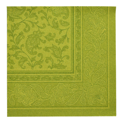 Grön fyrkantig servett från PAPSTAR 20 servetter "ROYAL Collection" (40 x 40 cm, 1/4-vikt) från PAPSTAR GmbH med elegant paisley- och bladmönsterkant - idealisk för stilfull bordsdekoration.