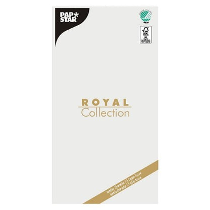 En vävnadsduk "ROYAL Collection" (120 x 180 cm) från PAPSTAR GmbH med vit bakgrund, gyllene text och två certifieringslogotyper i det övre högra hörnet – idealisk för att ge din bordsdekoration elegans.