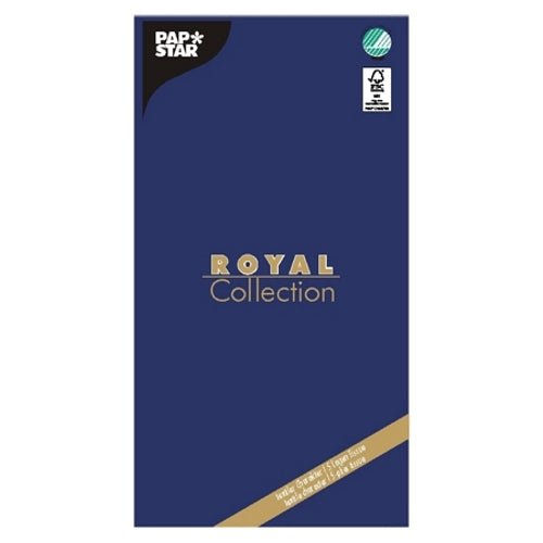 Duken "ROYAL Collection" 120 cm x 180 cm från PAPSTAR GmbH, Tissue, presenteras i en mörkblå förpackning med guld-vit branding samt en grön certifieringslogotyp – och erbjuder därmed en elegant och högkvalitativ bordsdekoration för varje tillfälle.